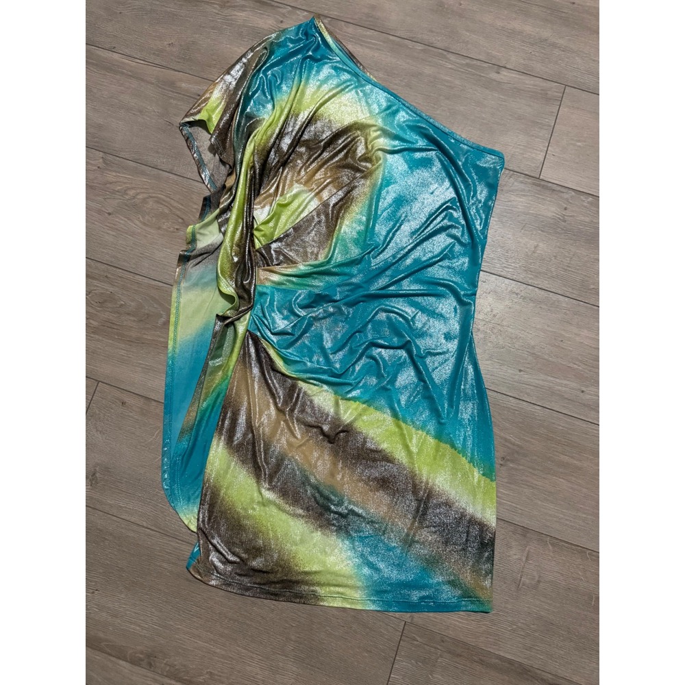 Infrared Fashion Metallic Tie Dye One Shoulder Mini Dress Turquoise Green Medium